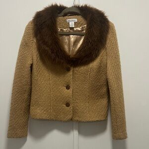 Methode Golden Tan Tweed Wool Blazer with Faux Fur Collar